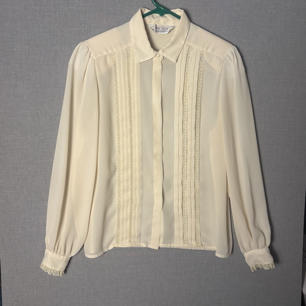 Vtg 80s Peach High Neck Romantic Lace Blouse Coquette Women Size Medium